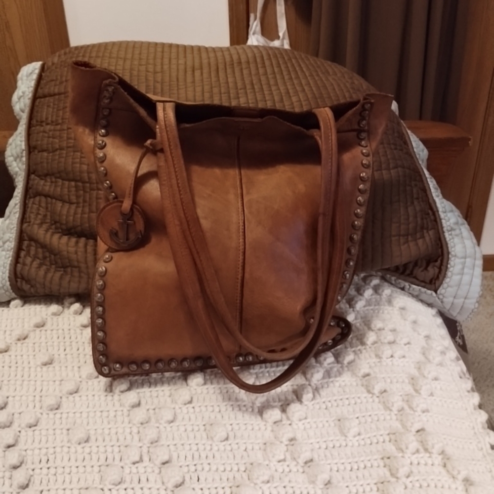 Elegant Brown Leather Tote with Stud Accents